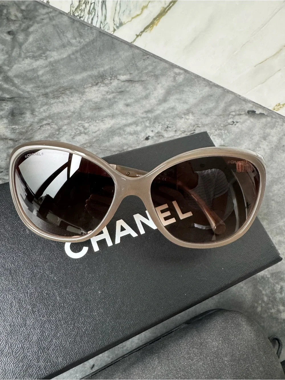 CHANEL Taupe Acetate Sunglasses with Crystal-Studded Temples